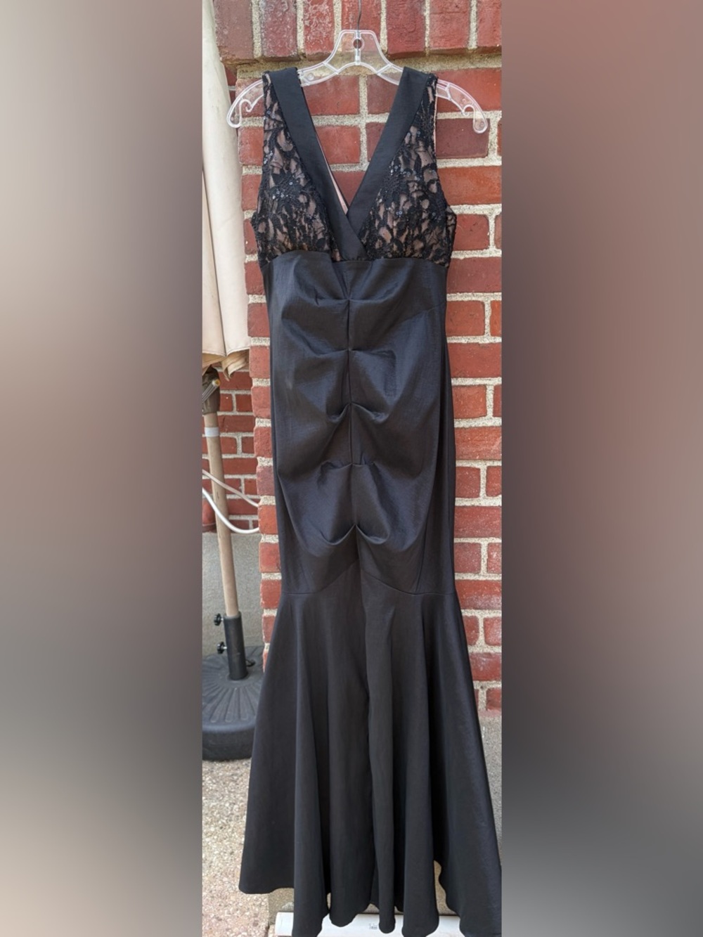 R&M Richards Black Ruched Mermaid Maxi long gown with sequin detail